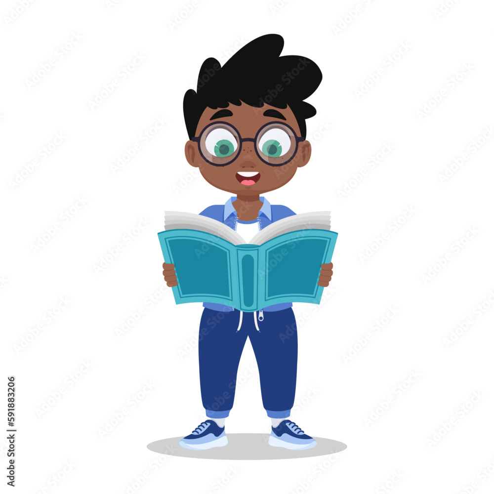 Cute child reading a book, vector illustration