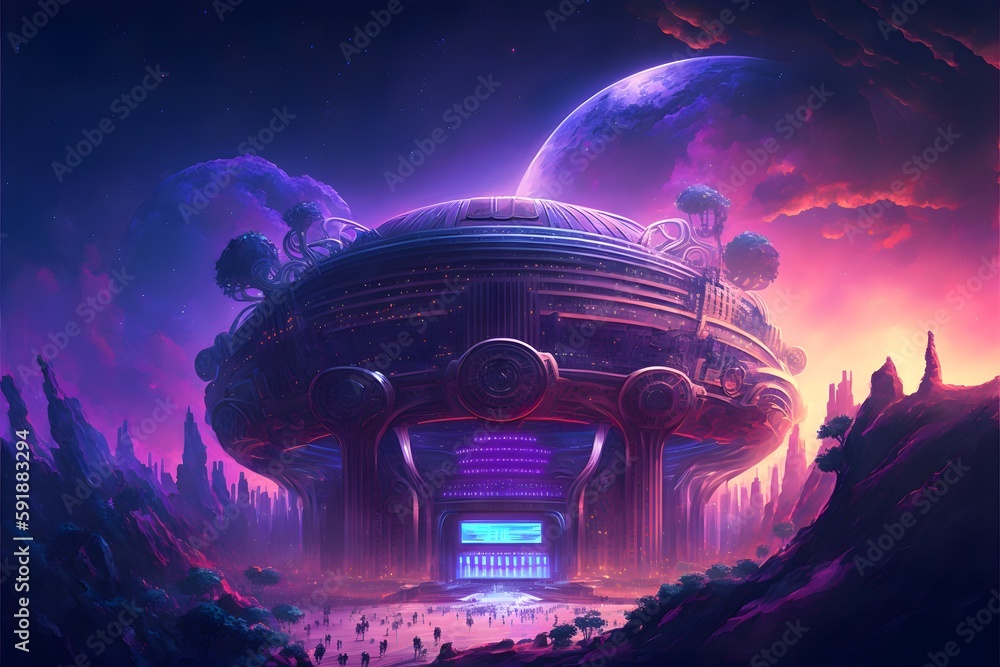 futuristic fantasy stadium in the middle of a huge city advanced