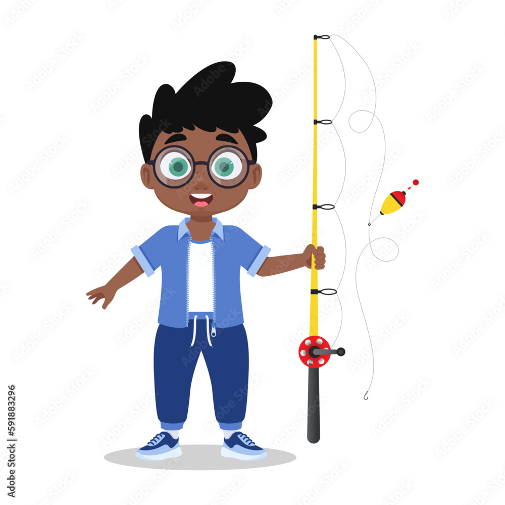 Happy boy fisherman with a fishing rod in his hand Happy boy fisherman with a fishing rod in his hand