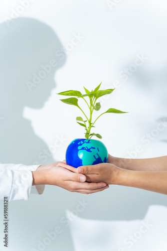 地球の描かれた植木鉢を受け渡す手 環境保護イメージ
