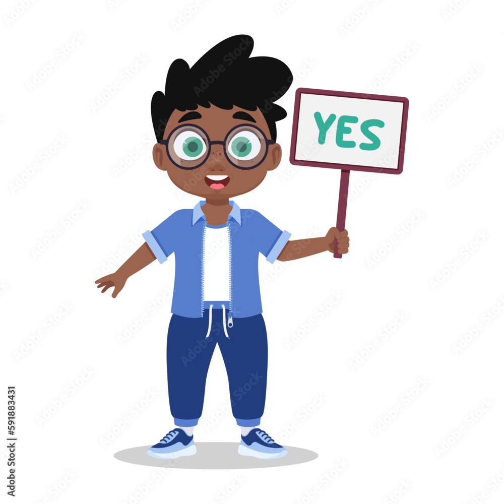 Happy cute boy carries correct sign, vector illustration