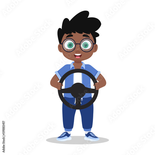 Cute boy playing with a steering wheel in his hands