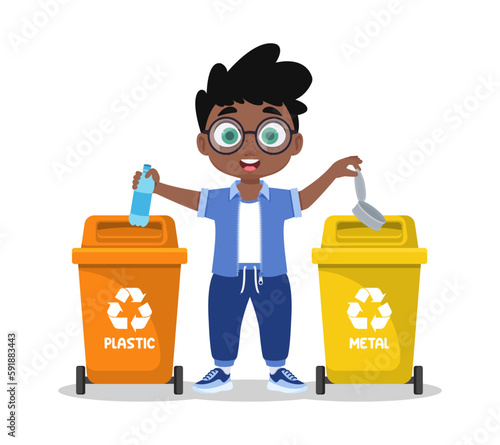 Cute boy sorts garbage, plastic and metal