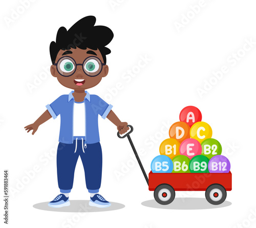 Boy with a trolley of vitamins
