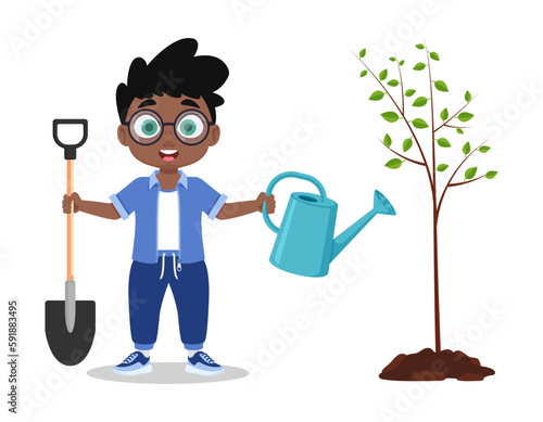 Cute boy planting a tree. Vector illustration