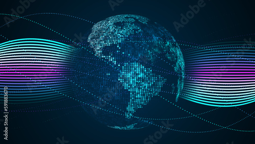Abstract Bluish Green Shiny Square Mosaic Binary Digital Number Globe Earth World Map Side Of America Continent On Twisted Dots And Lines Background