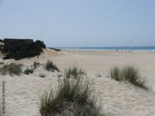 Strandabschnitt im Winter ohne Menschen an der Costa de la Luz in Andalusien am Atlantik x