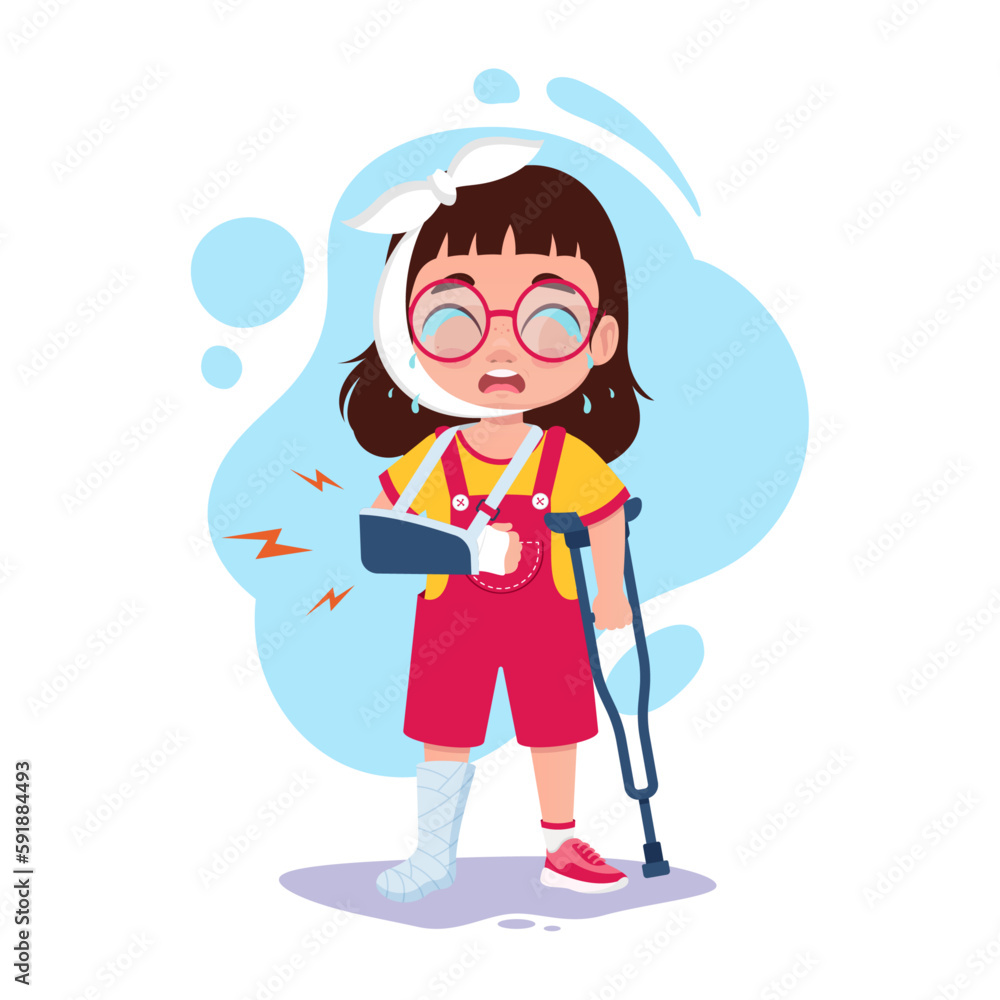 Child with broken arm, broken leg, on crutches Child with broken arm, broken leg, on crutches