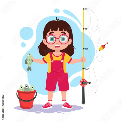 Girl fishing, the child caught a fish