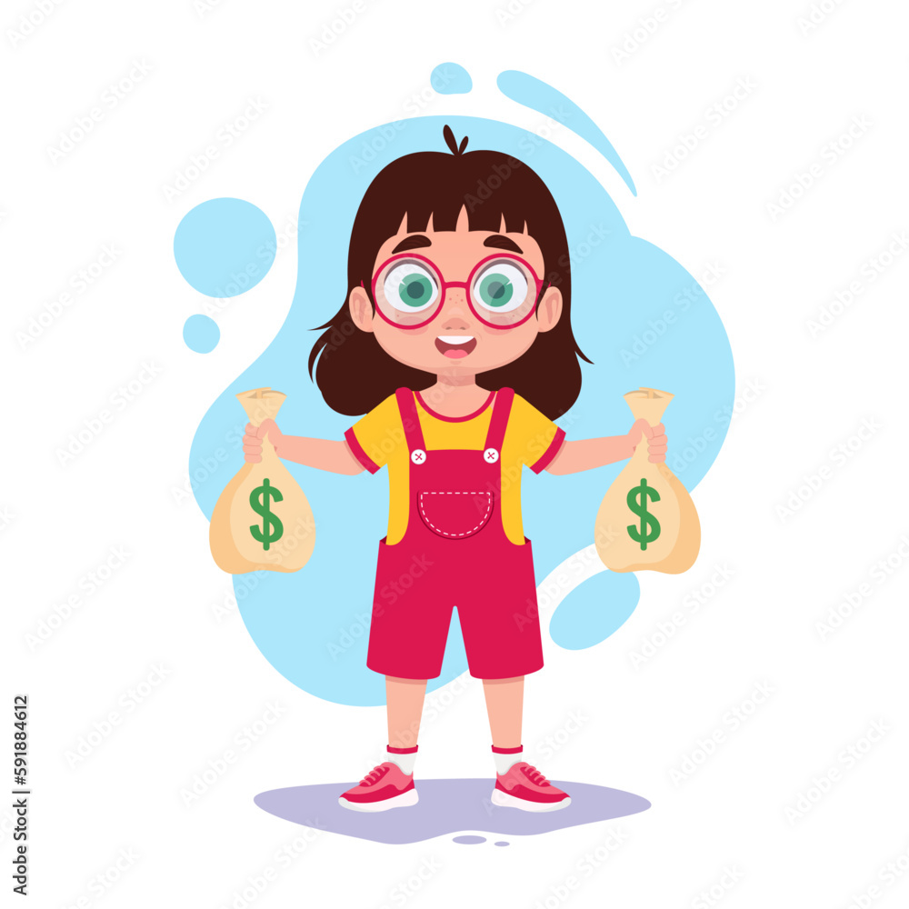Happy child holding bags of money Happy child holding bags of money