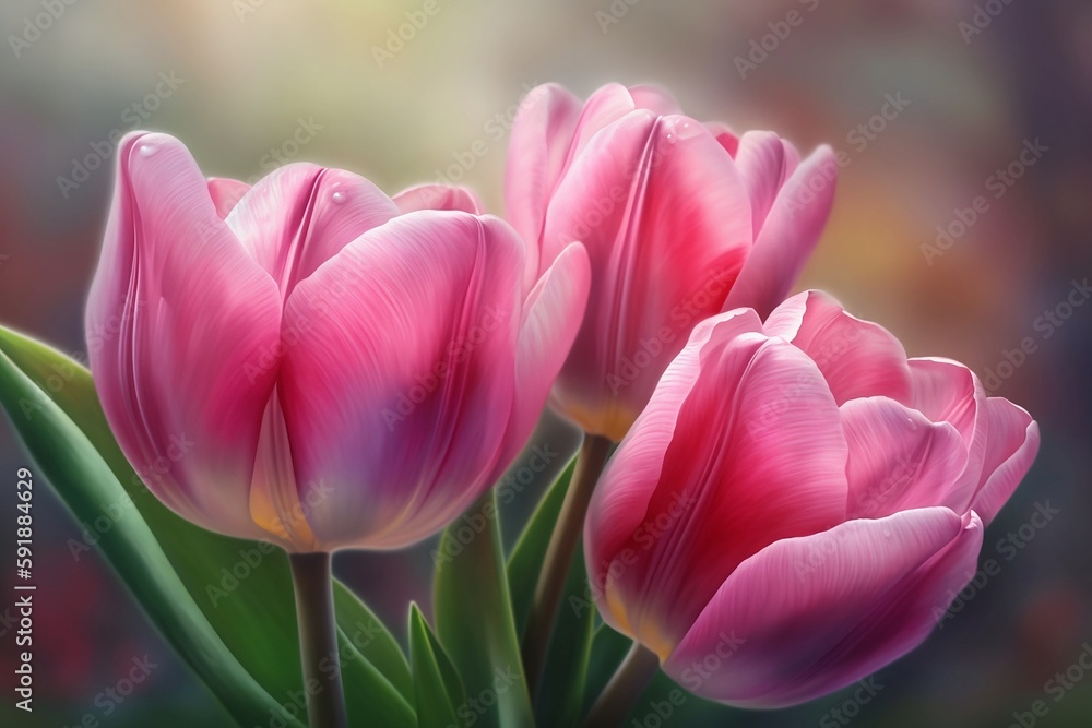 Close-up on pink tulips on a blurred background. Spring background. Generative AI.