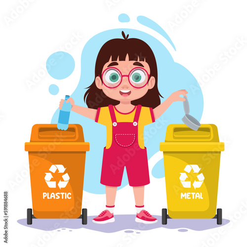The child sorts garbage, plastic and metal
