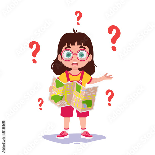 A child with a map in his hands asks for directions