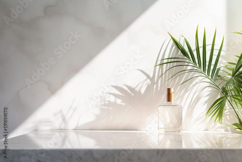 Modern minimal empty white marble stone counter table top  palm tree in sunlight  leaf shadow on concrete wall background for luxury organic cosmetic  skin care  beauty treatment product display