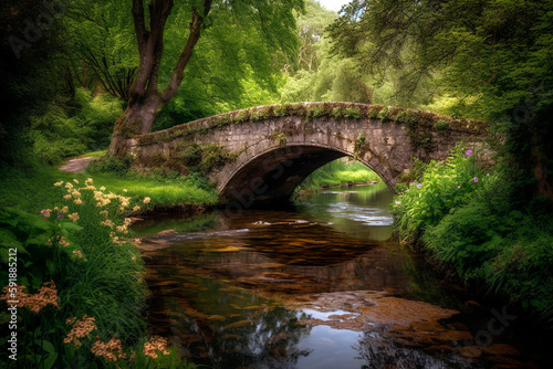 Charming, cobblestone bridge arching over a gently flowing stream, surrounded by lush green foliage and vibrant spring blossoms.