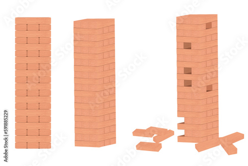 Jenga board game illustration, realistic illustration, front view, side view, tower view while playing, vector