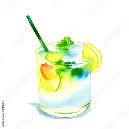 Watercolor glass of summer beverage cocktail lemon juice with leaves and lemon