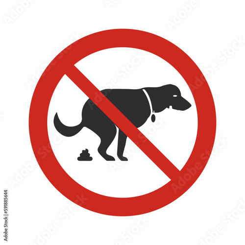 Dog and excrement, no dog pooping signage. Information red circular sign for dog owners. Shitting is not allowed. Vector, illustration.