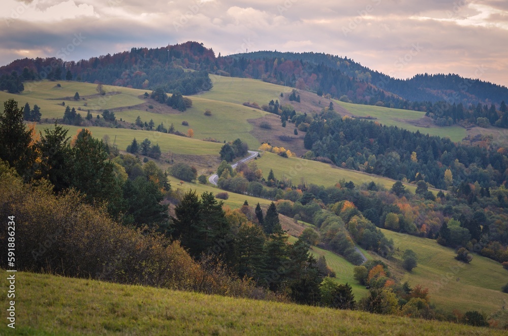 Nice rural autumn landscape in the hills. Photo taken on the way to Wysoki Wierch, Slovakia.