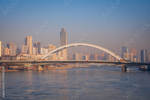 Low angle shot of a bridge constructed above the water in Gansu, Lanzhou, China