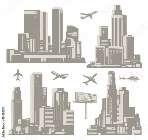 Downtown metropolis set stickers monochrome