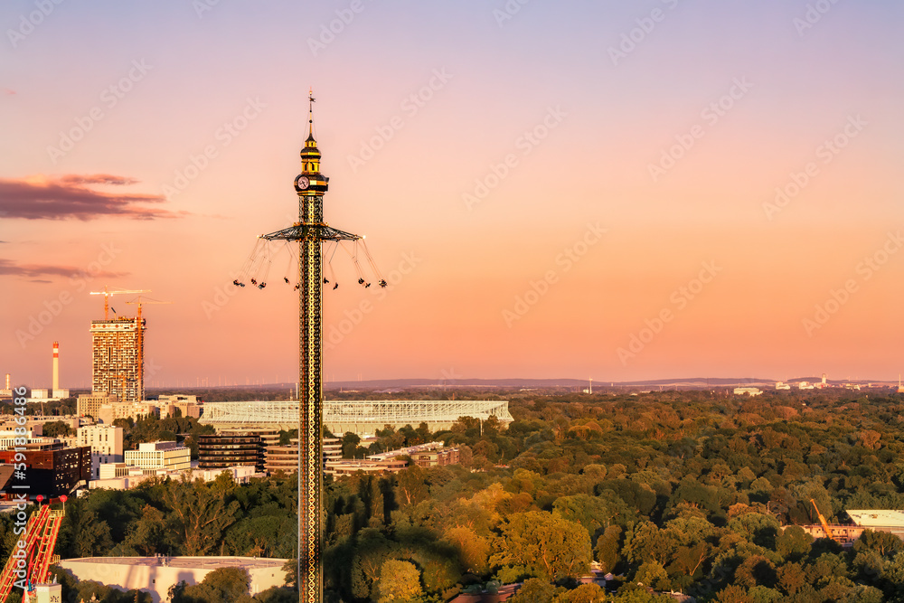 Beautiful view of the Prater Tower at sunset in Vienna, Austria