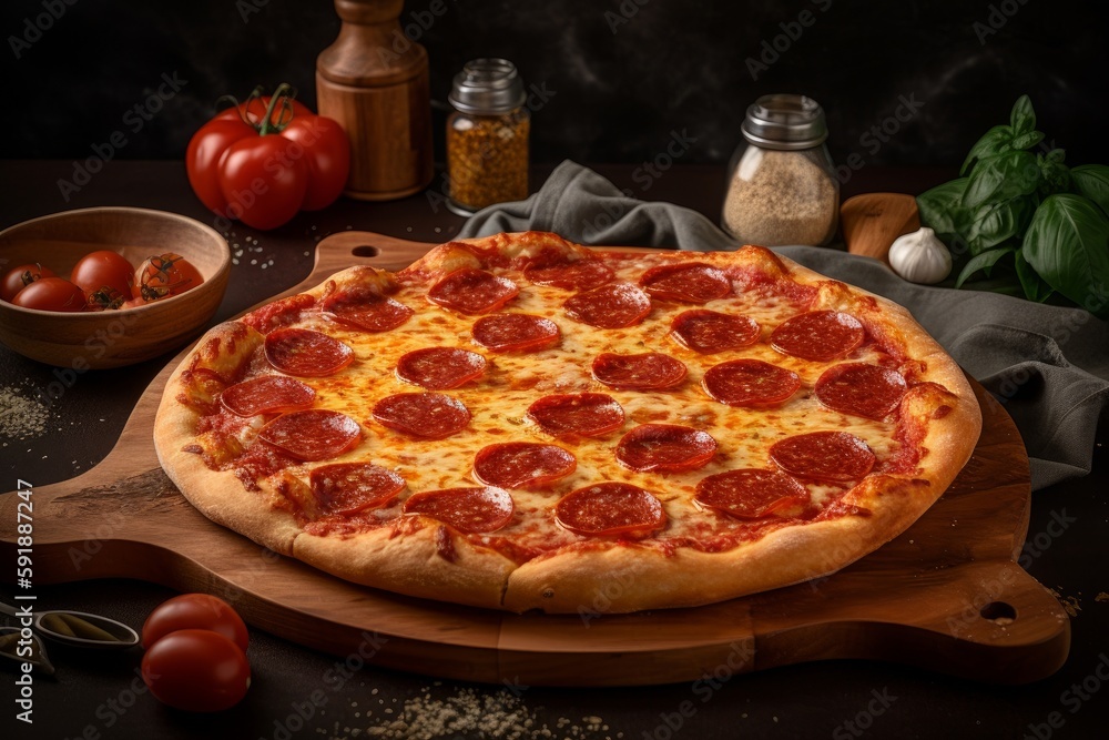 Classic Pepperoni Pizza with Crispy, Golden Crust, Delicious Mozzarella, Presented on a Rustic Wooden Board, Generative AI