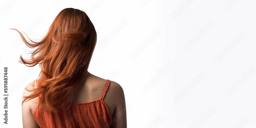 Fototapeta premium A beautiful young woman stands with her back against an isolated background, close-up, with free space for any inscription or text. Generative AI