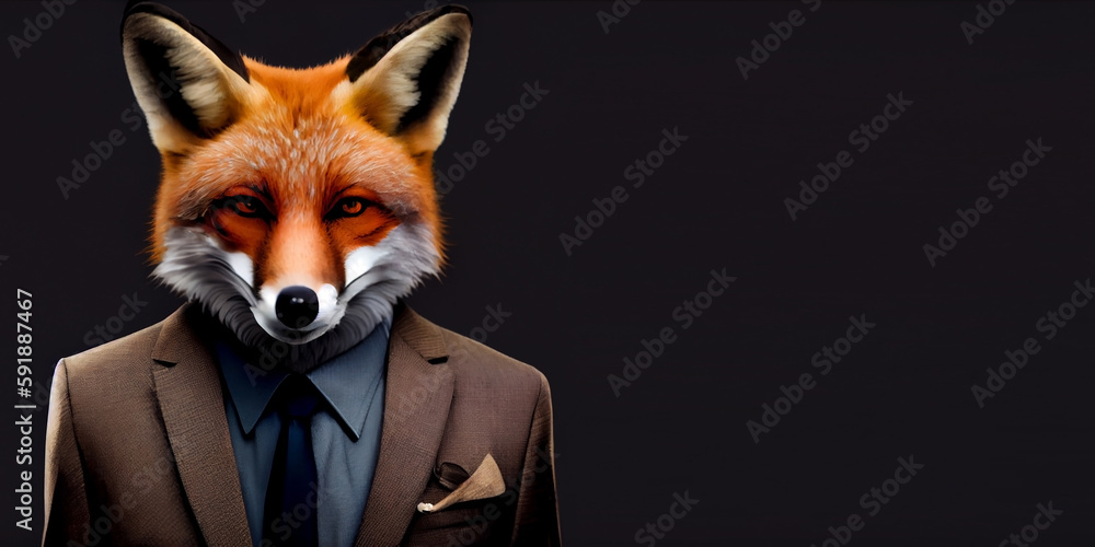 Obraz premium A man with a fox head and in an office suit, on a dark isolated background. Generative AI