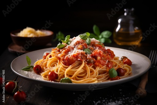 Delicious Spaghetti with Sauce  Fresh Basil and Parmesan Cheese  Marinara  Neapolitan Sauce  Pasta  Generative AI
