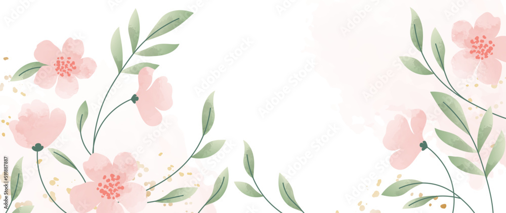 Luxury botanical flower art. Vector background. Watercolor botanical flowers texture background with leaves and gold. Illustration design for wedding and VIP cover template, banner, poster.