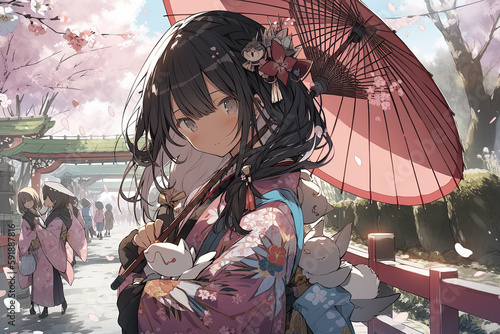 Anime girl in traditional kimono holding japanese umbrella stands on the road to the shrine among the blooming sakura trees, illustration generative AI