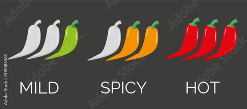Labels of the level of hot pepper in food. Hot, spicy and mild icon with red, yellow and green chilli peppers on black background