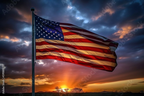 American Flag in Sunset with Vibrant Orange and Pink Hues, Close-Up View, Generated by AI