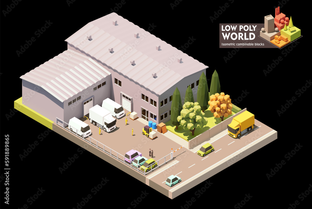 Vector isometric warehouse building. Warehouse building exterior. Industrial facility. Office, loading docks, forklifts and trucks