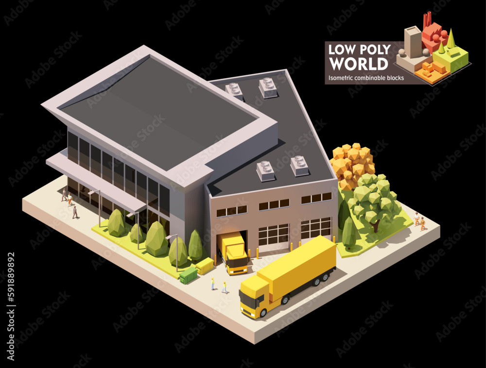 Vector isometric warehouse building. Warehouse building exterior. Industrial facility. Office, loading docks and trucks