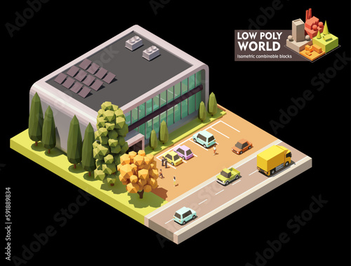 Vector isometric small office building. Modern office building with small parking