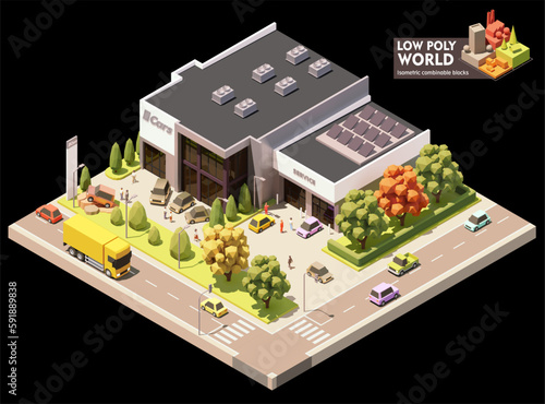 Vector isometric car dealership showroom and service station. New cars on the display and test drive automobiles. Customers watching at exhibition. Automobile repair and service area with workers