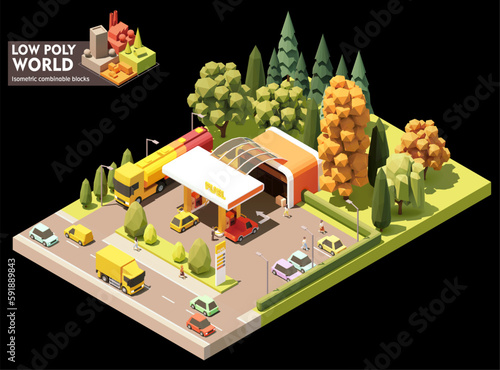 Vector isometric gas station with convenience store. Petrol filling station. Petroleum and diesel fuel pumps, cars, small shop, truck with fuel tank trailer