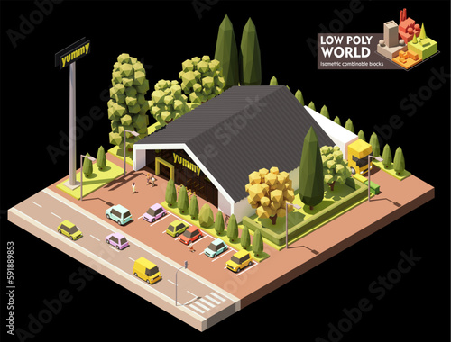 Vector isometric supermarket building. Grocery store building exterior. Big shop with car parking
