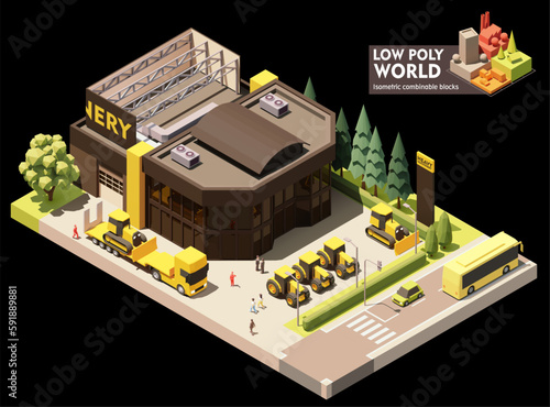 Vector isometric tractor and heavy machinery dealership showroom and service station. New tractors on the display. Customers watching at exhibition