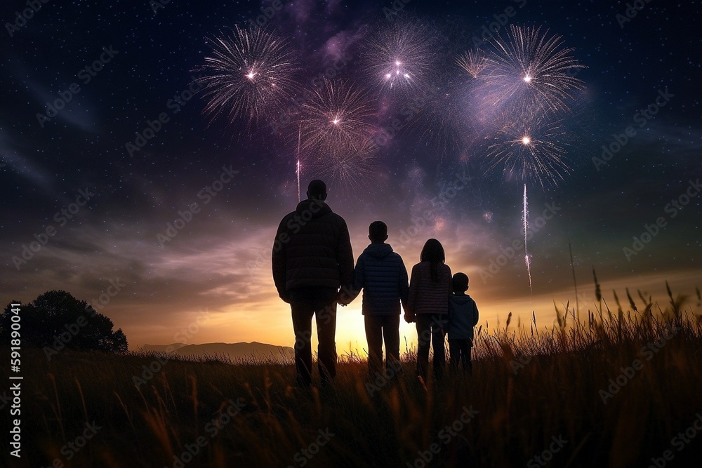 Family Watching Fireworks Display on 4th of July, Generated by AI