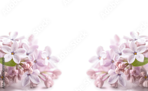 Soft focus image of lilac flowers on white background. AI generated