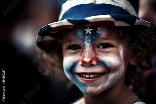A child with American Flag Face Paint and Uncle Sam Hat at a festival