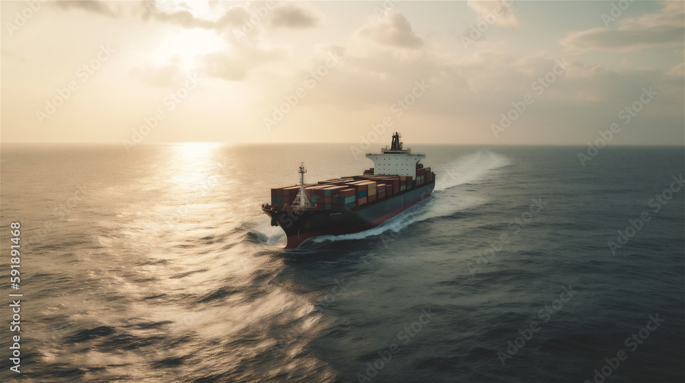 Cargo Container Ship vessel in the sea, ocean, calm sea, generative AI