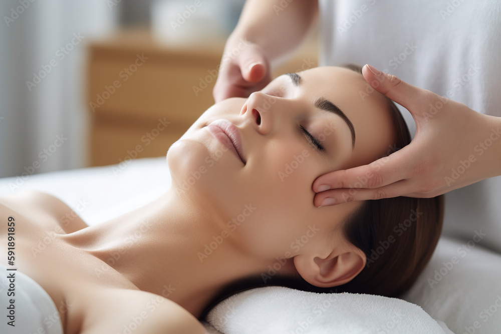 An image of a person receiving a facial. Woman lying on a comfortable bed while a facialist works on their skin. Woman have relaxed expression. Generative AI An image of a person receiving a facial. Woman lying on a comfortable bed while a facialist works on their skin. Woman have relaxed expression. Generative AI
