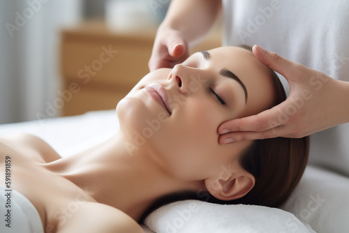 An image of a person receiving a facial. Woman lying on a comfortable bed while a facialist works on their skin. Woman have relaxed expression. Generative AI
