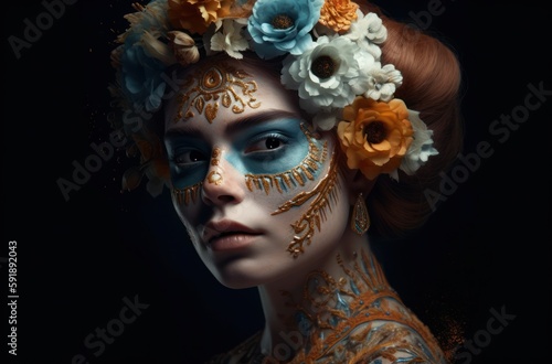 Portrait of a woman with sugar skull makeup over dark background. Halloween costume and make-up. Portrait of Calavera Catrina. Generative AI.