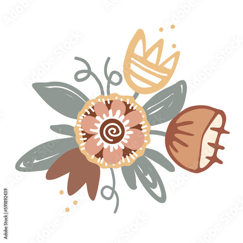 Cute floral design element. Scandinavian style bouquet from doodle flowers. Decoration posy in naive style.