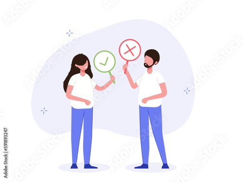 Yes and No sign banners on human hands. Choice, dilemma, dispute, choice hesitate, voting, opposition, survey. Test question. Modern flat vector illustration.